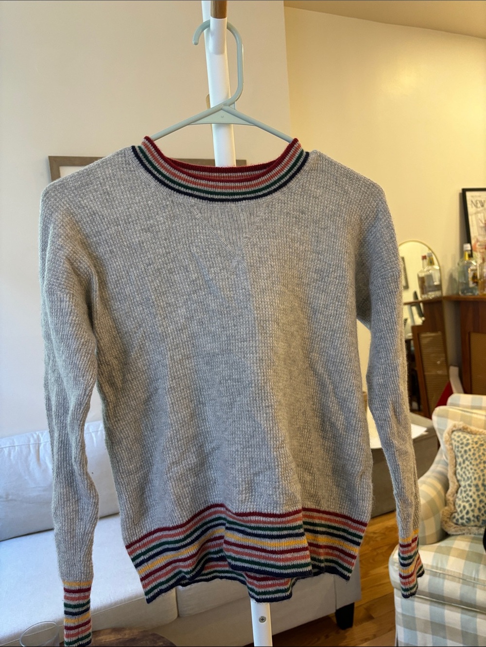 Madewell Light Gray Sweater with Multicolor Stripe Trim - Picture 1 of 1